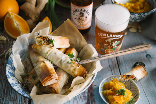 LOEMPIA'S MET SPRUITJES, I.P.A. SINAASAPPELMARMELADE EN GEROOKTE EEND